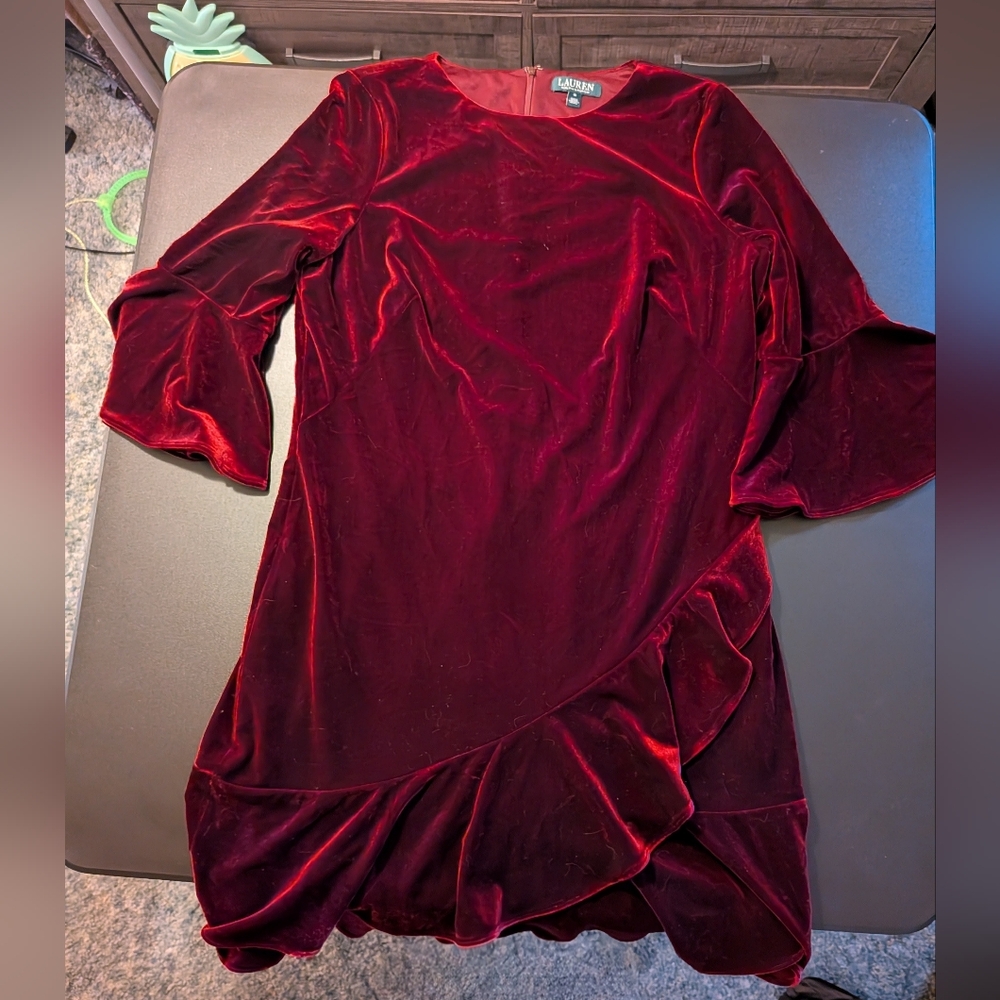Ralph Lauren Deep Red Asymmetrical Velvet Dress Size 16